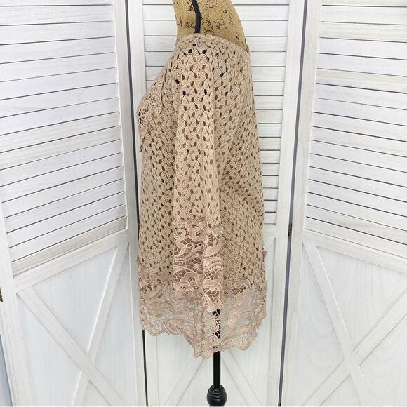 Kori Boho Cottagecore Crochet‎ Lace Hems Bell Sleeve Tunic Top Mocha Tan Small - Picture 3 of 14